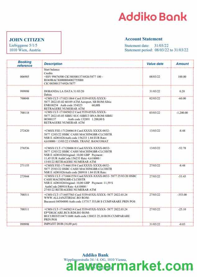 Austria Addiko Bank bank statement